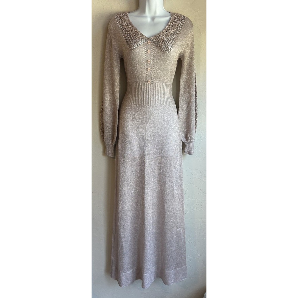 Vintage 1970's Wenjilli Knit Maxi Dress 7 8 Dusty Pink Metallic Lurex Disco
